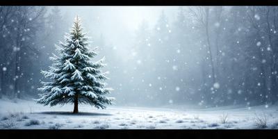 Primary subject: A snow-covered pine tree.

Setting/background: A snowy field with a forest in the background.

Visual style: Digital art.

Colors and mood: The image is predominantly white, with snow covering the pine tree and the surrounding environment. The mood is serene and peaceful, as the snow-covered landscape evokes a sense of tranquility and stillness.